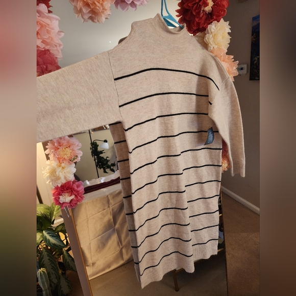 Striped Beige Sweater Dress - Picture 2 of 4